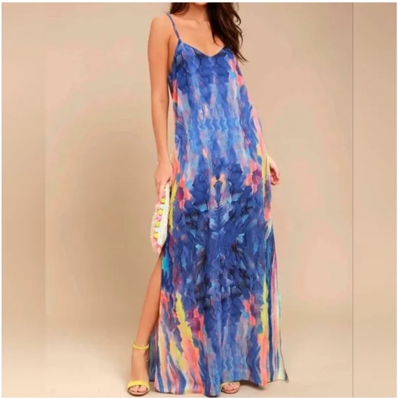 Lulus Dresses & Skirts - Lulus Flying Watercolors Royal Blue Watercolor Print Sheath Maxi Dress, Size XS